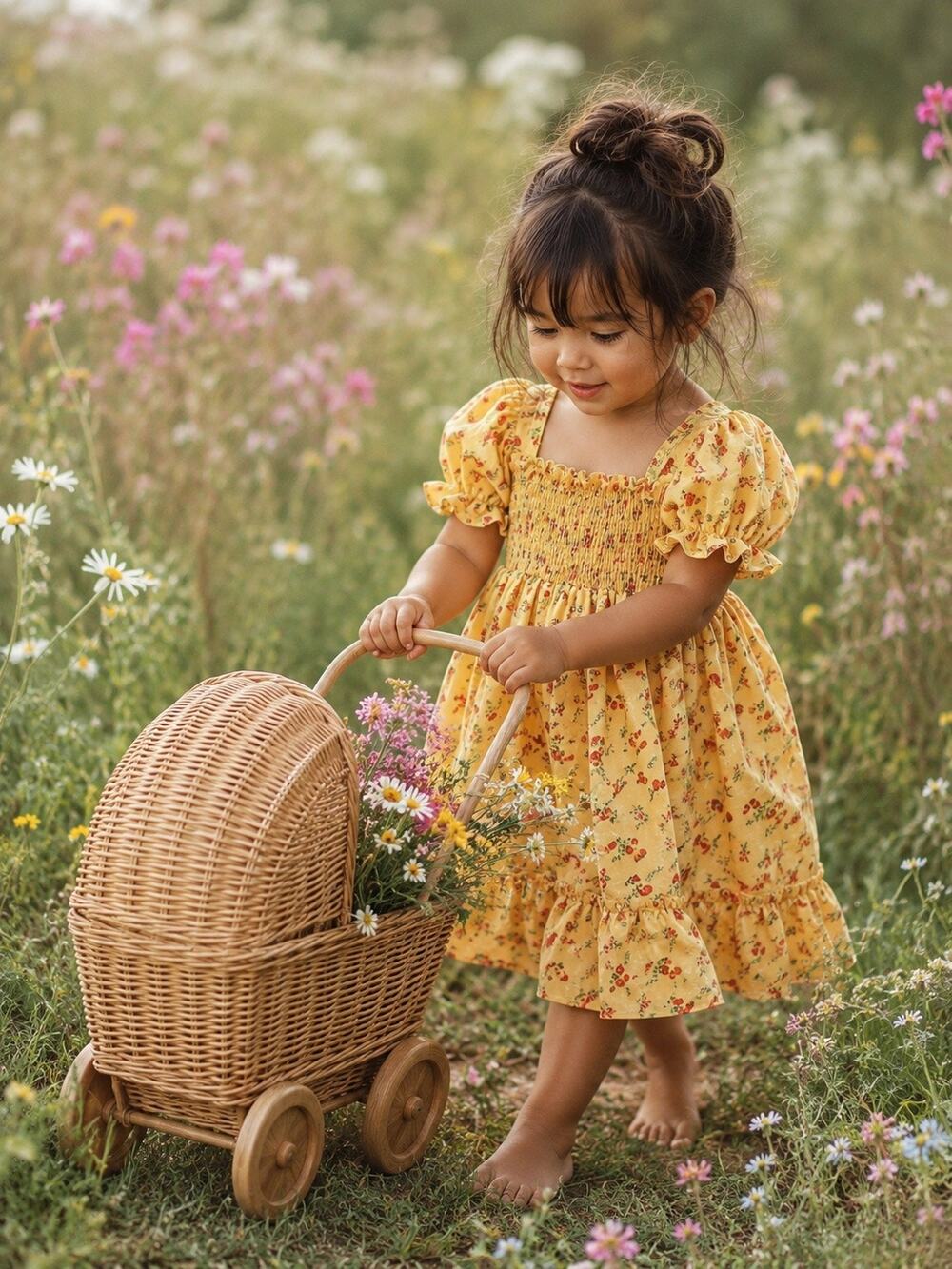 New Blooming Marigold Harvest Floaty Puff Slv Smocked Flowy Twirl Dress 3T/4T
